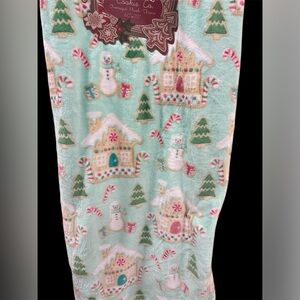Throw Blanket in Mint Green with Gingerbread Houses, Snowman & Holiday Print